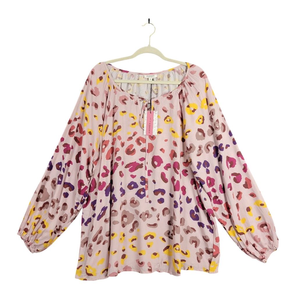 NWT Andree by UNIT P3-314-2 Rainbow Leopard Long Sleeve Peasant Top SIZE 2X